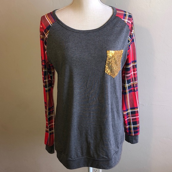 NEW PLAID SEQUIN POCKET Blouse - Picture 4 of 7